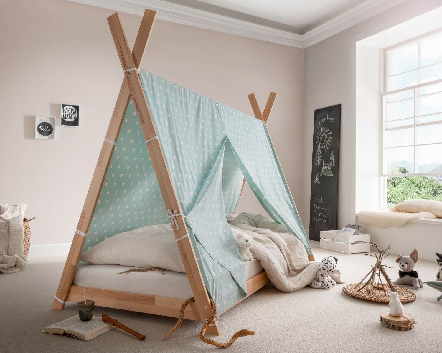 INFANSKIDS »Pinocchio« Tipi-Bett Buche Buche natur / Stoffdach Rosa / Rollrost