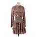 La Vie Casual Dress - A-Line High Neck 3/4 sleeves: Tan Print Dresses - Women's Size Small