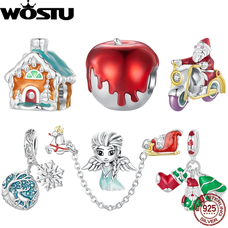 WOSTU 925 argent Sterling lumineux père noël breloque émail neige maison noël pendentifs ajustement Original Bracelet bricolage accessoire
