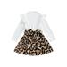 Suanret Kids Girls Leopard Patchwork Dress Long Sleeve Bowknot Decoration A-Line Dress Party Prom Dress White 7 Years