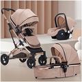 Baby Pram Stroller Carriage for Newborn, 3 in 1 High Landscape Convertible Baby Stroller Folding Infant Reversible Bassinet with Footmuff, Mosquito Net, Oversize Storage Basket (Color : Khaki A)