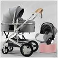 3 in 1 Baby Pram Pushchair Carriage Newborn Reversible Bassinet, High View Baby Stroller for Toddler & Infant, Baby Strollers for Baby Girl & Boy with Mosquito Net, Foot Cover (Color : Gray A)