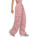 RYRJJ Parachute Pants for Women Baggy Cargo Pants Multi-Pocket Elastic Low Rise Y2K Pants Teen Girls Wide Leg Jogger Trousers Streetwear Pink L