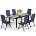 Lark Manor™ Argyri Rectangular 6 - Person 110" Long Outdoor Dining Set w/ Cushions Metal in Blue/Black | 65 W x 35 D in | Wayfair