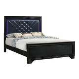 Vini California King LED Bed, Midnight Blue Faux Leather Upholstery, Black