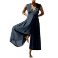 SMihono Deals Summer Fashion Women Casual Stretch Soft Solid Sleeveless V_neck Cotton Linen Romper Long Playsuit Jumpsuit Blue 14