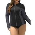 ATTRACO Womens Zip Long Sleeve Rashguard Top Plus Size Swimsuit UV Shirt Black 2X