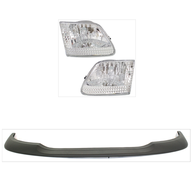 2002 Ford F-150 3-Piece Kit Driver and Passenger Side Headlights with Bumper Trims, without Bulb, Halogen