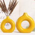 SANFERGE Donut Vase Set of 2, Glossy Yellow Circle Hollow Ceramic Vase for Flowers, Vase for Home Decor with Hole in center, Modern Decorative Vase Centerpiece, Nordic Boho Round Vase for Pampas Grass