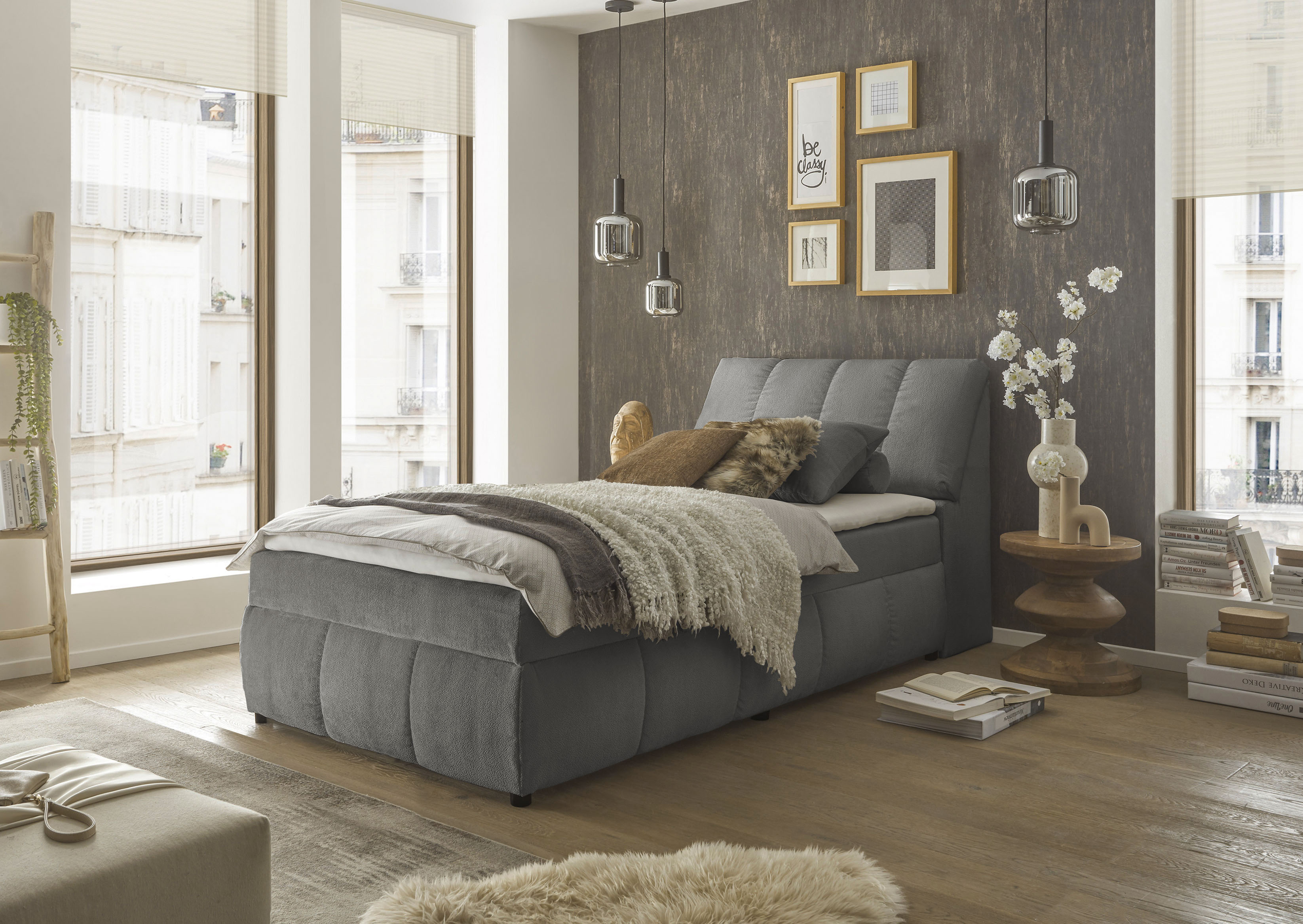 Boxbett ED EXCITING DESIGN "Valencia", grau, B:123cm L:240cm, 100% Polyester, Komplettbetten, Boxspringbett, inkl. Bettkasten und Stauraum im Kopfteil Image