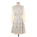 Eliza J Casual Dress - Mini High Neck 3/4 sleeves: Ivory Print Dresses - Women's Size 5