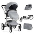 GYMAX Baby Stroller, Foldable Toddler Pushchair with Rain Cover, Mosquito Net, Storage Bag, Adjustable Backrest and Handle, Aluminum Alloy Pram Carriage for 0-3 Years Old Infant Kids (Gray)