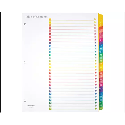 Office Depot Brand Table Of Contents Customizable Index With Preprinted Tabs, Multicolor, Numbered 1-31