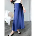 Jupe trapèze longue en satin bleu pour femme taille haute jupes mi-longues style coréen dame de