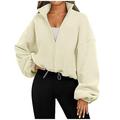 Posijego Women s Zip Up Lapel Cropped Sweatshirt Casual Standing Collar Plus Size Jacket Loose Top