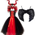 IMEKIS Kid Girls Princess Maleficent Costume Fancy Evil Queen Dress Up Handmade Knitted Tulle Dress with Horn and Wings Devil Witch Halloween Carnival Cosplay Party Outfit Red 8-9 Years