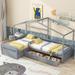 Twin Size House L-Shaped Platform Bed with Three Storage Drawers and Safety Guardrails, Slatted Frame