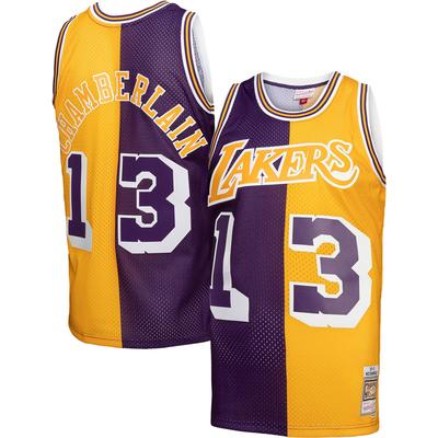 Herren Mitchell & Ness Wilt Chamberlain Lila/Gold Los Angeles Lakers Hardwood Classics 1971/72 Split Swingman Trikot Image
