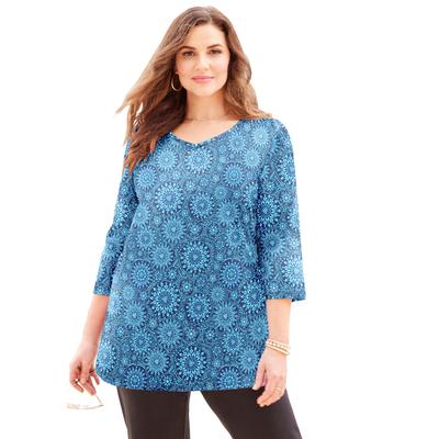 Plus Size Women's Suprema 3/4 Sleeve V-Neck Tee by Catherines in Navy Crystal Medallion (Size 4X)