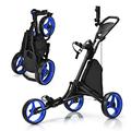 GYMAX 3 Wheels Golf Push Pull Cart, Lightweight Height Adjustable Golf Trolley with Storage Bag, Foot Brake, Umbrella Holder and Built-in Cooler, Foldable Golf Bag Holder (Blue)
