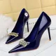 Escarpins en cuir bleu royal à talons hauts de 9.5cm pour femmes chaussures de fête en cristal