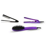 The Neo Choice 3 pcs Complete Styling Set - Ionic Heated Brush Straightener Ceramic Flat Iron and Easy Hair Comb Full Set (Purple)