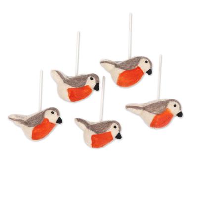 Holiday Song,'Wool Felt Bird Ornaments from India (Set of 5)'