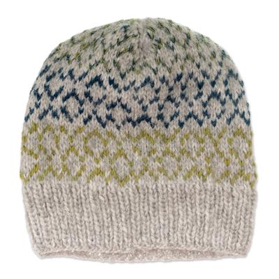 Intarsia Style,'Unisex Knit Baby Alpaca Blend Hat in Grey Yellow and Blue'
