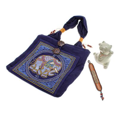 Count Your Blessings,'Cotton Bag Brass Bracelet Ceramic Figurine Curated Gift Set'