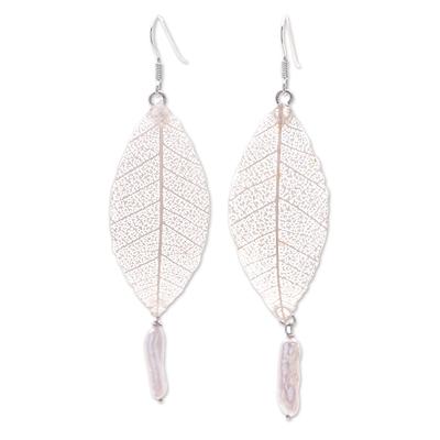 White Nature,'Cultured Pearl and Natural Leaf Dangle Earrings in White'