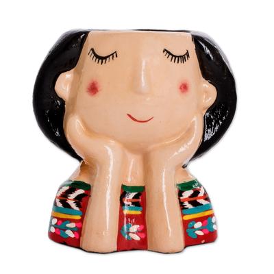 'Guatemalan Handpainted Woman-shaped Mini Ceramic Flower Pot'