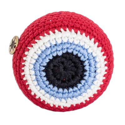 Scarlet Shield,'Handcrafted Knit Cotton Hacky Sack in Scarlet Hues'