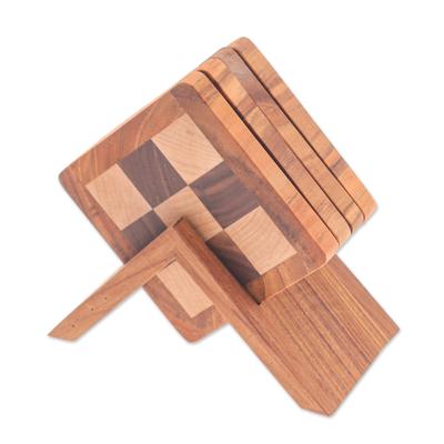 'Set of 4 Hand-Carved Checkered Wood Coasters with...