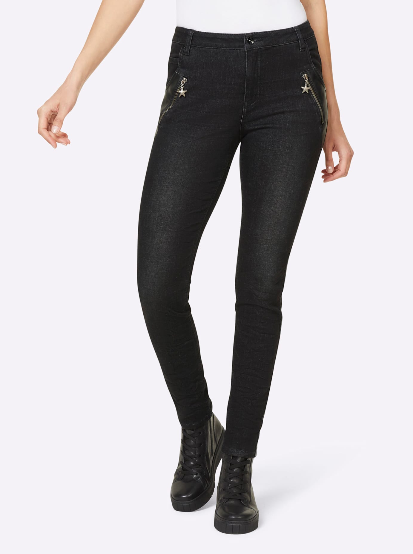 Bequeme Jeans HEINE, Damen, Gr. 40, Normalgrößen, schwarz (schwarz denim), 95% Baumwolle, 3% Polyester, 2% Elasthan, unifarben, lang, Jeans Image
