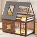 Twin Size House Bed, Wood Twin Size House Bunk Bed Frame with Roof, Ladder and 2 Windows, No Box Spring Needed, Brown
