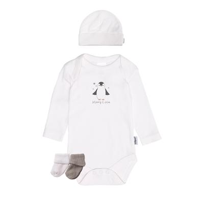 Erstausstattungspaket LILIPUT "Pinguin", Baby, Gr. 62/68, grau (weiß, grau), 100% Baumwolle, casual, KOB Set-Artikel, bestehend aus Body, Mütze und zwei Paar Söckchen Image