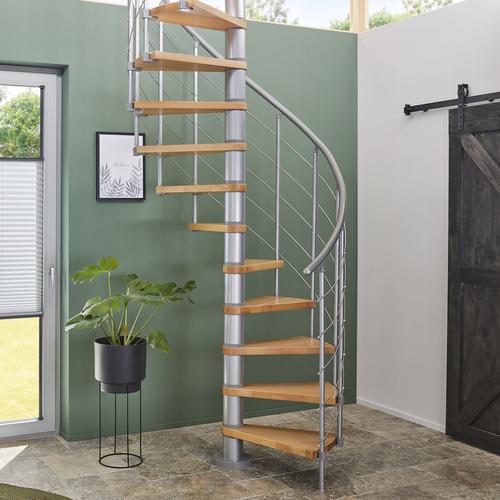 „DOLLE Spindeltreppe „“Oslo““ Treppen Ø 160 cm, Stufen aus Leimholz, lackiert, Metall pulverbeschichtet grau Gr. gewendelt, braun (braun, grau) Treppen“