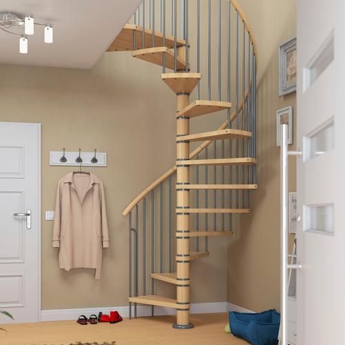 „DOLLE Spindeltreppe „“Winnipeg““ Treppen Buche, Ø 140 cm, Stufen geölt, Handlauf Holz, Metall pulverbeschichtet Gr. gewendelt, braun (braun, grau) Treppen“