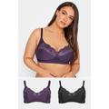 Yours 2 Pack Black & Purple Cotton Lace Trim Nonpadded Bras