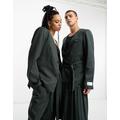 IIQUAL unisex belted blazer co-ord in navy & green pinstripe-Black