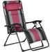 XL Gravity Recliner Padded Patio Lounger Chair Folding Chair With Adjustable Backrest Cup Holder And Headrest For Backyard Poolside Lawn Striped Wine Red