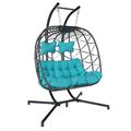 NICESOUL Oversized 2 Person Swing Egg Chair Double Hanging Egg Chair with Stand Extra Large Wicker Patio Twins Egg Basket Chair for Two 510lbs Capaticy for Bedroom Balcony Patio (Blue/Grey)