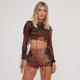 Long Sleeve Distressed Detail Crop Top And High Waist Shorts Co-Ord Set In Brown, Women's Size UK Small S
