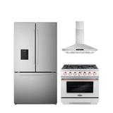 Cosmo 3 Piece Kitchen Appliance Package w/ French Door Refrigerator, 36" Gas Freestanding Range, & Wall Mount Range Hood in Black/Gray | Wayfair