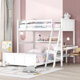 Twin Over Full Bunk Bed with Desk and 2 Drawers, Solid Wood L-Shaped Bunk Bed Frame with Safety Guardrails for Kids Teens, White