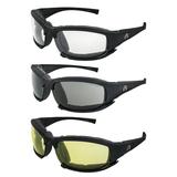 Alpha Omega 3 Motorcycle Sunglasses Foam Padded Riding Safety Glasses Z87.1 Convertible to Goggles for Men or Women 3 Pair Black Frame w/ Clear Smoke & Yellow Lenses