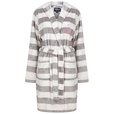 Dressing Gown Women's Surry Striped Soft Fleece Tie Robe Dressing Gown with Hood in Grey / White / S - Tokyo Laundry
