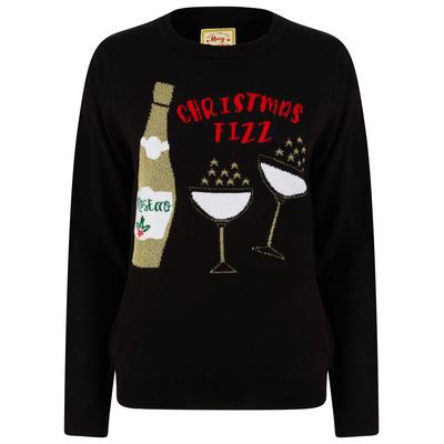 Jumpers Women’s Christmas Fizz Lurex Glitter Novelty Christmas Jumper In Jet Black - Merry Christmas / 12 - Tokyo Laundry