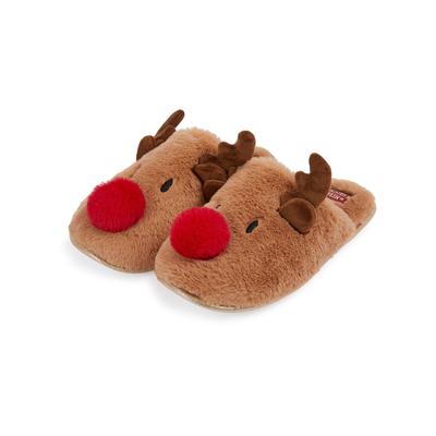 Slippers Women's Rudy Red Nose 3D Rudolph Reindeer Faux-Fur Christmas Mule Slippers in Light Brown - Merry Christmas / 3-4 (36-37) - Tokyo Laundry