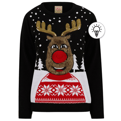 Jumpers Women's Happy Vixen Motif LED Light Up Novelty Christmas Jumper in Jet Black - Merry Christmas / 14/L - Tokyo Laundry